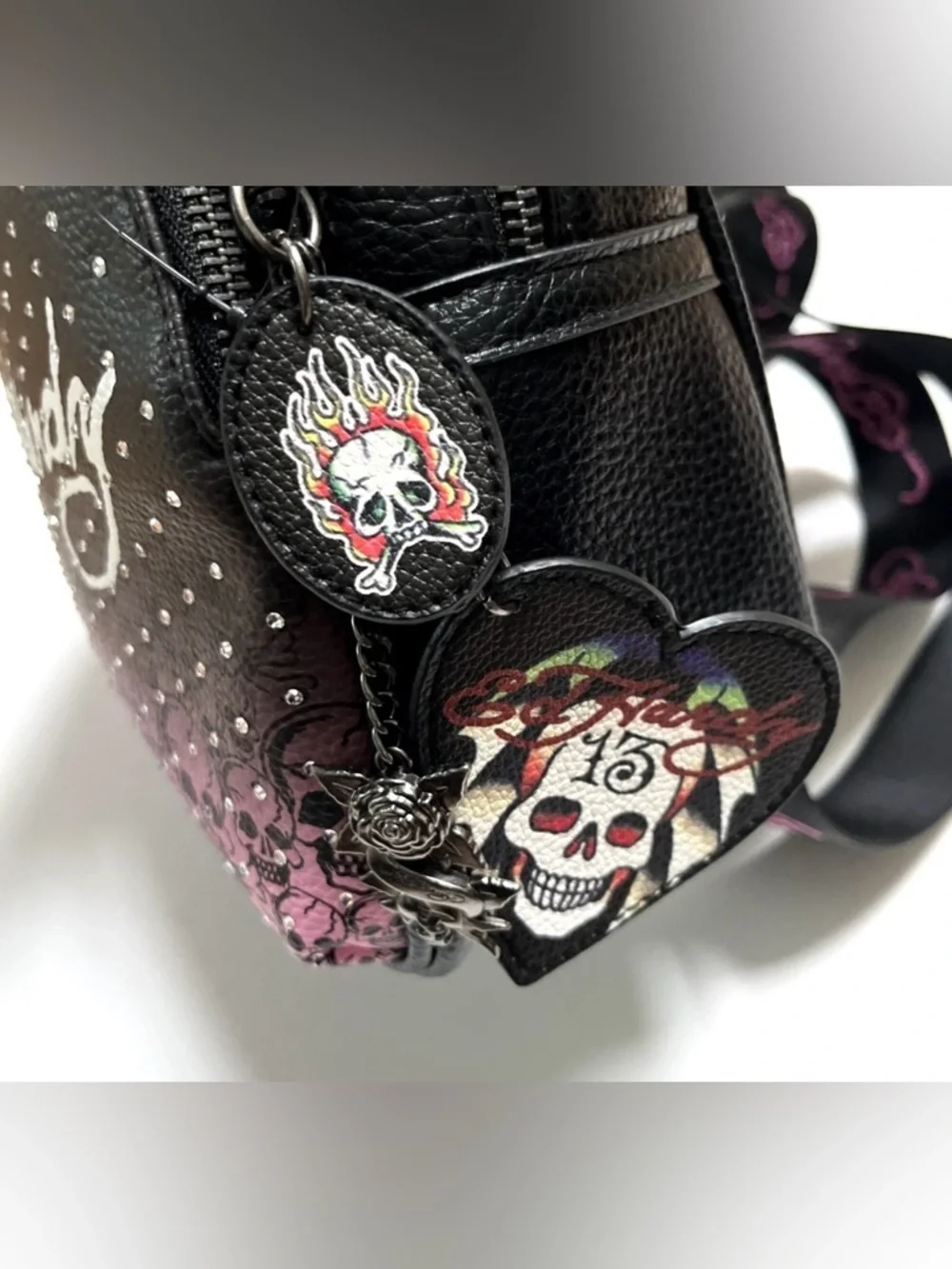 Ed Hardy Black & Pink Skull Print Mini Backpack